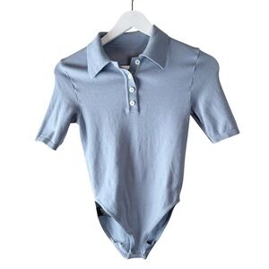 Wolford Merino Wool Polo Bodysuit Light Blue Short Sleeve Snap Closure XS